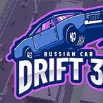 Ilustrație cu o mașină stilizată în albastru, înclinată lateral deasupra unui fundal urbanizant, cu titlul Russian Car Drift 3D evidențiat în text alb cu contururi roz