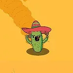 Un cactus cu sombrero pe un fundal galben, cu o față furioasă și praf portocaliu în spate