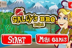Ilustrație colorată cu un peisaj montan, un semn cu textul Sallys BBQ Joint și două butoane roșii marcate Start și More Games