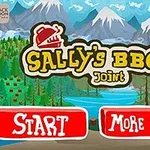 Ilustrație colorată cu un peisaj montan, un semn cu textul Sallys BBQ Joint și două butoane roșii marcate Start și More Games