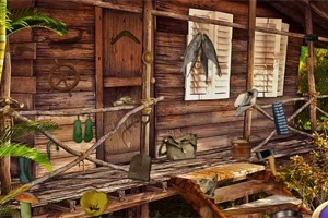Cabana din lemn cu verandă, având diverse obiecte suspendate, cum ar fi geantă, roți și haine, pe un fundal de vegetație tropicală