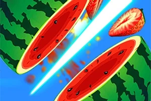 Un pepene verde și o căpșună sunt tăiate cu o lamă luminoasă pe un fundal albastru