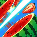 Un pepene verde și o căpșună sunt tăiate cu o lamă luminoasă pe un fundal albastru