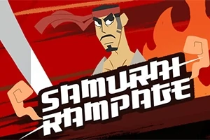 Personaj de desene animate în stil samurai, cu bandană roșie și sabie, pe fundal cu flăcări, alături de text stilizat