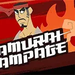 Personaj de desene animate în stil samurai, cu bandană roșie și sabie, pe fundal cu flăcări, alături de text stilizat
