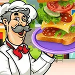 Un bucătar caricatural zâmbitor ține o farfurie violet cu un sandviș ingredientele unui sandviș care plutesc deasupra, pe fundalul unui restaurant colorat și un buton de redare mare