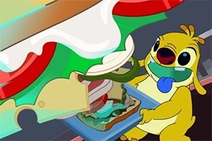 Personaj animat galben, zâmbitor, ținând o farfurie cu un sandwich mare, cu felii de carne și legume