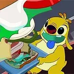 Personaj animat galben, zâmbitor, ținând o farfurie cu un sandwich mare, cu felii de carne și legume