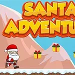 Moș Crăciun alergând lângă cadouri pe fundal de munți și copaci, cu titlul Santa Adventure scris sus