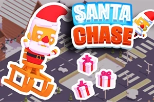 Moș Crăciun animat pe o sanie lângă trei cadouri într-un peisaj urban, cu titlul Santa Chase deasupra