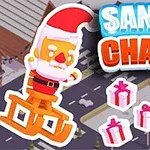 Moș Crăciun animat pe o sanie lângă trei cadouri într-un peisaj urban, cu titlul Santa Chase deasupra