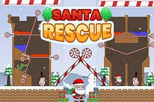 Moș Crăciun înconjurat de decoruri de iarnă, brazi și oameni de zăpadă, cu titlul Santa Rescue deasupra