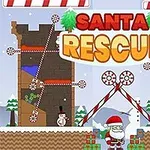 Moș Crăciun înconjurat de decoruri de iarnă, brazi și oameni de zăpadă, cu titlul Santa Rescue deasupra