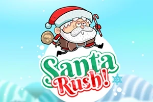 Moș Crăciun desenat ținând un baston de bomboane roșu, cu un sac de cadouri, deasupra textului Santa Rush!