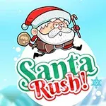 Moș Crăciun desenat ținând un baston de bomboane roșu, cu un sac de cadouri, deasupra textului Santa Rush!
