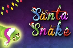 Fond mov cu textul colorat „Santa Snake”, fiecare literă având căciulițe de Moș Crăciun, și un șarpe verde cu fes în colțul stâng