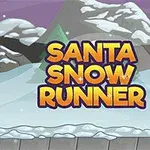 Moș Crăciun aleargă pe un drum acoperit de zăpadă, cu munți și brazi în fundal, alături de textul Santa Snow Runner