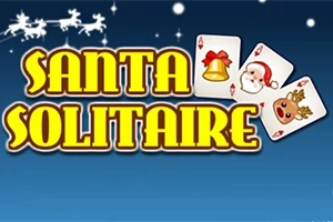 Textul „Santa Solitaire” pe un fundal albastru cu cărți de joc cu simboluri de Crăciun și o siluetă de sanie trase de reni în partea de sus