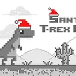 Dinozaur pixelat cu o pălărie de Moș Crăciun lângă un cactus, pe fundal de munți gri și nor