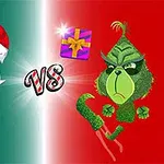 Moș Crăciun și un om verde cu o expresie nervoasă se confruntă pe un fundal împărțit, cu un cadou între ei și cuvântul VS în mijloc