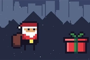Un personaj pixelat îmbrăcat în costum de Moș Crăciun, cu un sac maro în spate, lângă un cadou roșu cu fundă verde, pe fundal urban întunecat