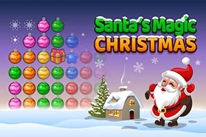 Moș Crăciun zâmbitor, însoțit de un brăduț decorat și o căsuță, pe un fundal de iarnă cu globuri colorate și titlul „Santa’s Magic Christmas”
