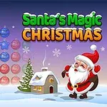 Moș Crăciun zâmbitor, însoțit de un brăduț decorat și o căsuță, pe un fundal de iarnă cu globuri colorate și titlul „Santa’s Magic Christmas”