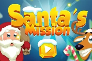 Moș Crăciun și un ren desene animate apar lângă titlul colorat Santas Mission pe un fundal albastru