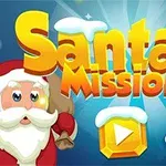 Moș Crăciun și un ren desene animate apar lângă titlul colorat Santas Mission pe un fundal albastru