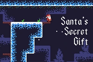 Imagine pixelate cu Moș Crăciun pe o platformă înghețată, însoțită de textul Santas Secret Gift