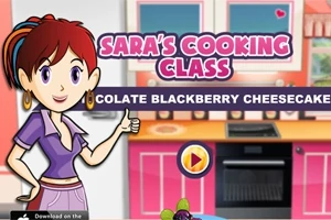 Personaj desenat într-o bucătărie colorată, lângă un cuptor, cu titlul Saras Cooking Class în partea de sus