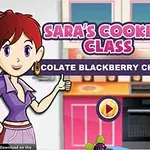 Personaj desenat într-o bucătărie colorată, lângă un cuptor, cu titlul Saras Cooking Class în partea de sus