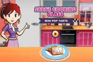 Personaj animat într-o bucătărie, lângă un platou cu prăjituri pe masă, cu text care spune Saras Cooking Class - Mini Pop Tarts