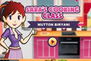 Femeie desenată animat în bucătărie colorată, cu blaturi roz și un cuptor în fundal, ținând degetul mare ridicat, iar textul afișează „SARAS COOKING CLASS” și „MUTTON BIRYANI”
