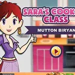 Femeie desenată animat în bucătărie colorată, cu blaturi roz și un cuptor în fundal, ținând degetul mare ridicat, iar textul afișează „SARAS COOKING CLASS” și „MUTTON BIRYANI”