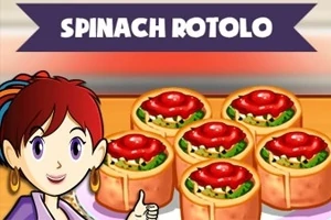 Personaj animat cu păr roșcat dând un semn de aprobare lângă șase bucăți de rotolo cu spanac și roșii, sub un banner pe care scrie Spinach Rotolo
