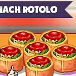 Personaj animat cu păr roșcat dând un semn de aprobare lângă șase bucăți de rotolo cu spanac și roșii, sub un banner pe care scrie Spinach Rotolo