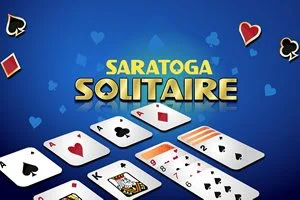 Cărți de joc aranjate pe un fundal albastru, cu simboluri de inimi, treflă, caro și pică, și textul Saratoga Solitaire