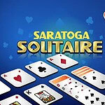 Cărți de joc aranjate pe un fundal albastru, cu simboluri de inimi, treflă, caro și pică, și textul Saratoga Solitaire