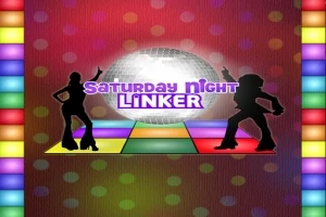 Siluete de dansatori pe un fundal colorat cu un glob disco și titlul Saturday Night Linker