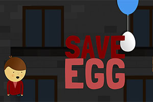 Un personaj de desene animate și un ou alb suspendat de un balon albastru, cu textul SAVE EGG pe un fundal întunecat