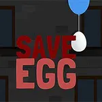 Un personaj de desene animate și un ou alb suspendat de un balon albastru, cu textul SAVE EGG pe un fundal întunecat