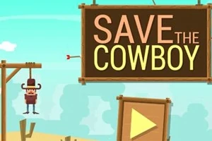 Cowboy atârnat de o frânghie lângă un panou mare cu inscripția SAVE THE COWBOY și un buton play galben