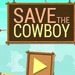 Cowboy atârnat de o frânghie lângă un panou mare cu inscripția SAVE THE COWBOY și un buton play galben