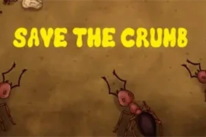 Textul „SAVE THE CRUMB” de culoare galbenă, cu furnici desenate pe un fundal maro
