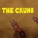 Textul „SAVE THE CRUMB” de culoare galbenă, cu furnici desenate pe un fundal maro