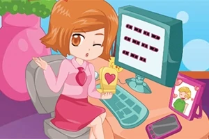 Tânără cu păr castaniu, stând la birou, ținând o cutie galbenă cu inimioară, lângă un computer și un telefon