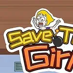 Fată cu păr blond, speriată, însoțită de textul Save The Girl și o bombă stilizată între cuvinte