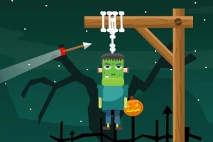 Un personaj asemănător unui monstru de Halloween este legat de o spânzurătoare din lemn, iar un săgeată este îndreptată spre funie