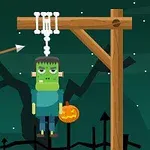 Un personaj asemănător unui monstru de Halloween este legat de o spânzurătoare din lemn, iar un săgeată este îndreptată spre funie